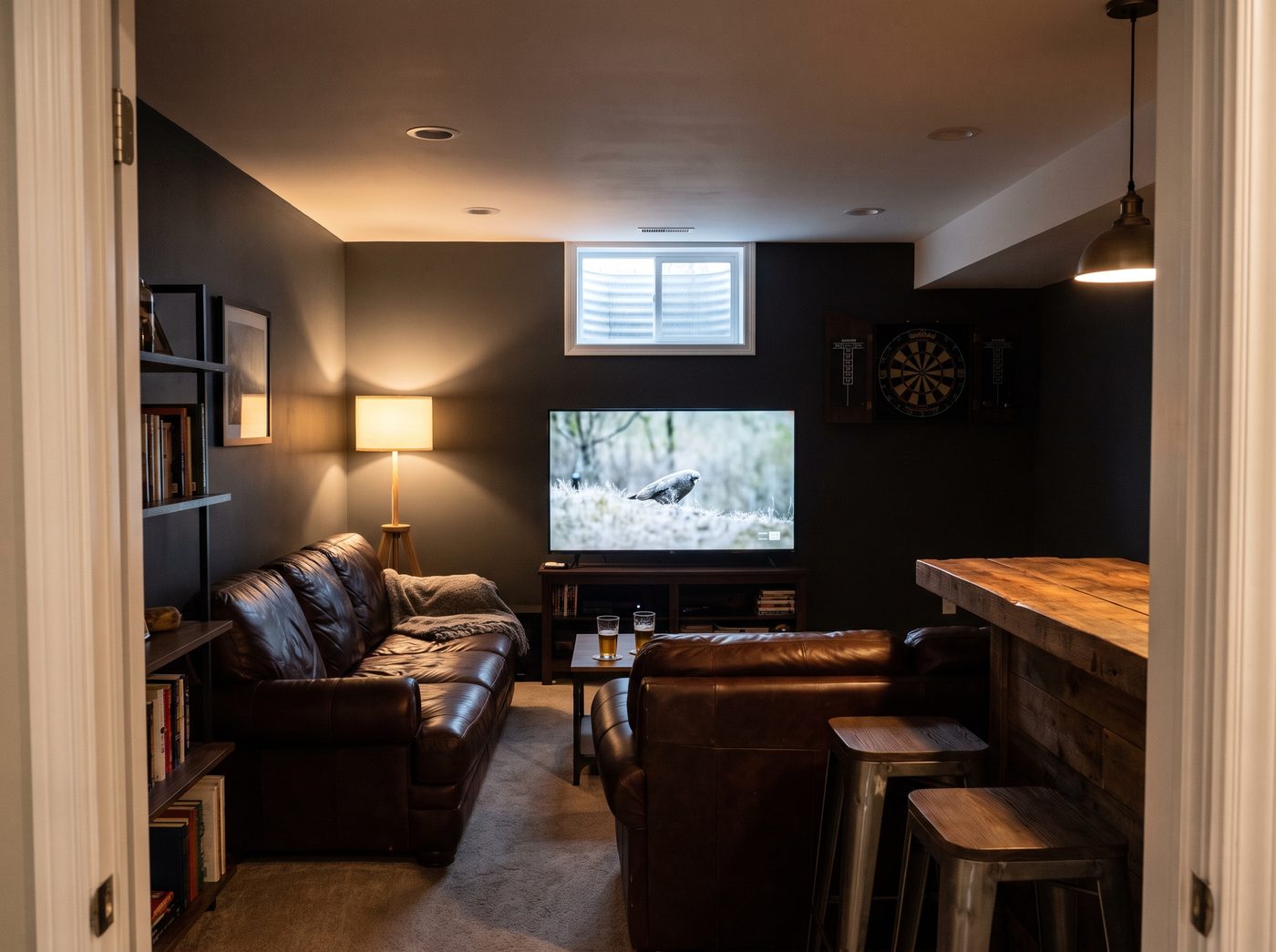 A finished basement den seen from the doorway